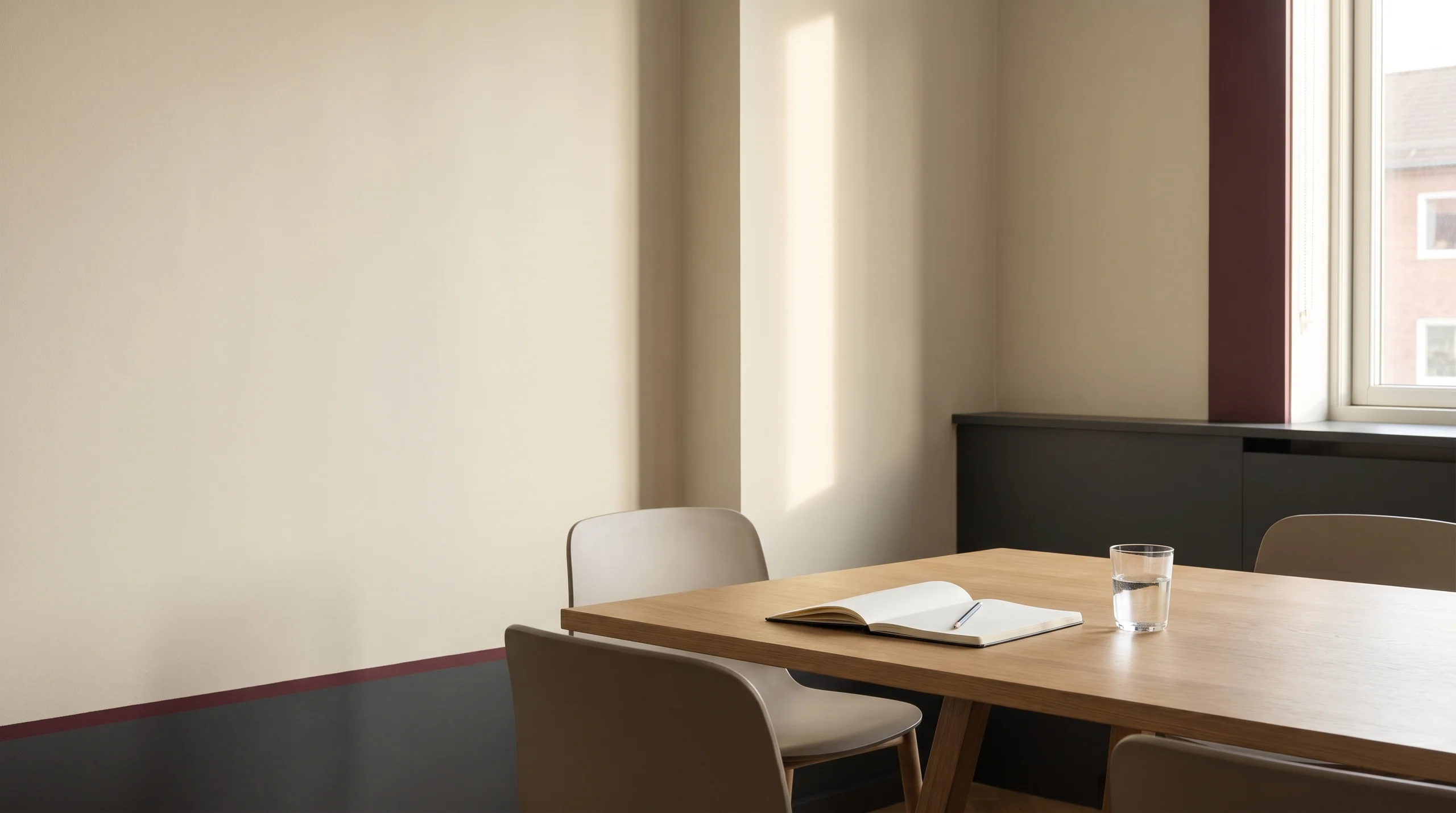 An empty meeting room prepared for a documentary interview